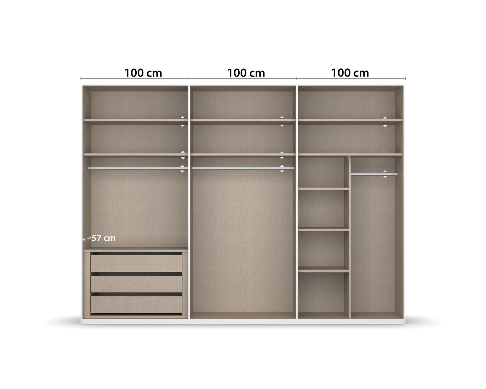 Frontale Ansicht eines 6-türigen Drehtürenschranks mit mehreren Regalböden, Kleiderstangen und Schubladen, Breite 300 cm, Tiefe 57 cm.