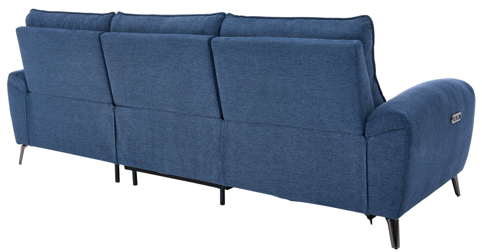 Blaues 3-Sitzer-Relaxsofa mit Stoffbezug, verstellbaren Rückenlehnen und Metallfüßen, mit Bedienfeld an der rechten Armlehne, Ansicht schräg von hinten rechts