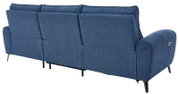 Blaues 3-Sitzer-Relaxsofa mit Stoffbezug, verstellbaren Rückenlehnen und Metallfüßen, mit Bedienfeld an der rechten Armlehne, Ansicht schräg von hinten rechts
