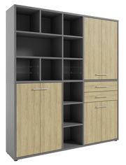 Moderner, hoher Aktenschrank mit offenen Fächern und Holztüren, Frontansicht