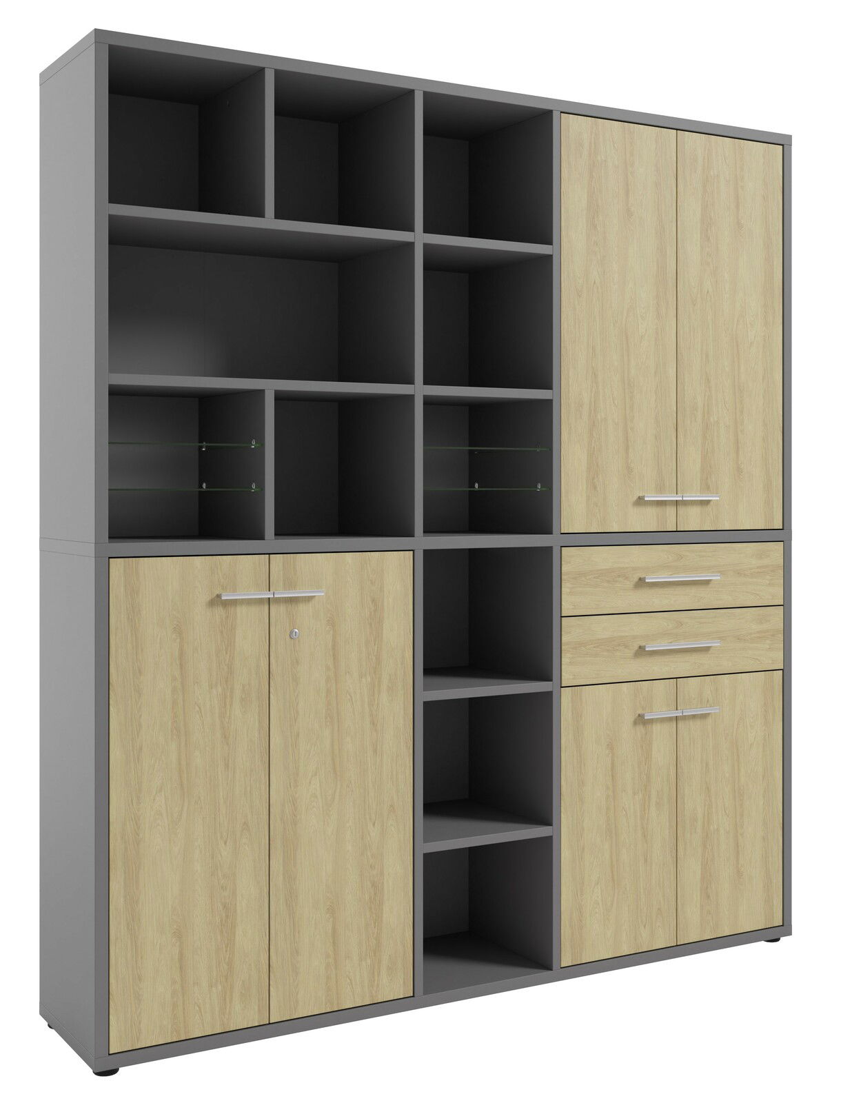 Moderner, hoher Aktenschrank mit offenen Fächern und Holztüren, Frontansicht