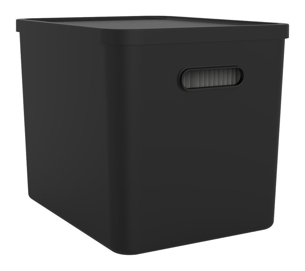 Schwarze Archivbox mit Deckel, seitliche Perspektive