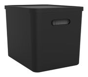 Schwarze Archivbox mit Deckel, seitliche Perspektive