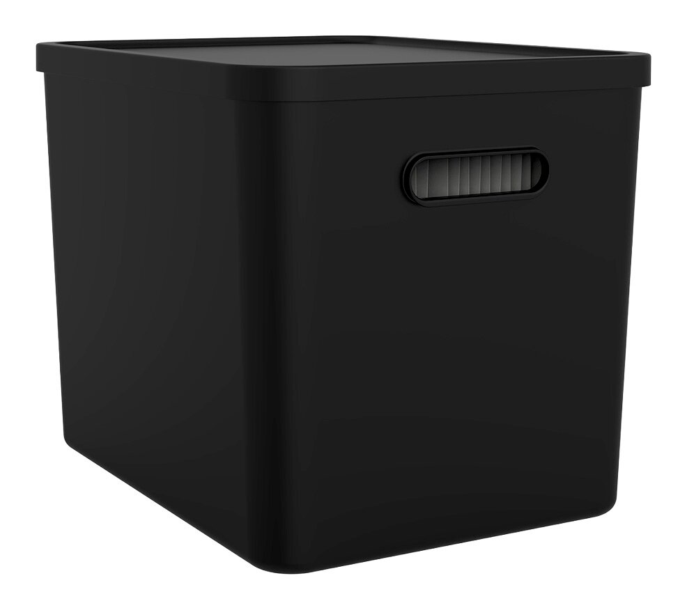 Schwarze Archivbox mit Deckel, seitliche Perspektive