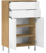 Kommode aus Holz mit zwei offenen Schubladen und zwei offenen Türen, seitliche Perspektive