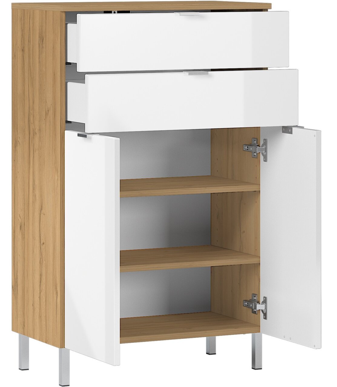 Kommode aus Holz mit zwei offenen Schubladen und zwei offenen Türen, seitliche Perspektive