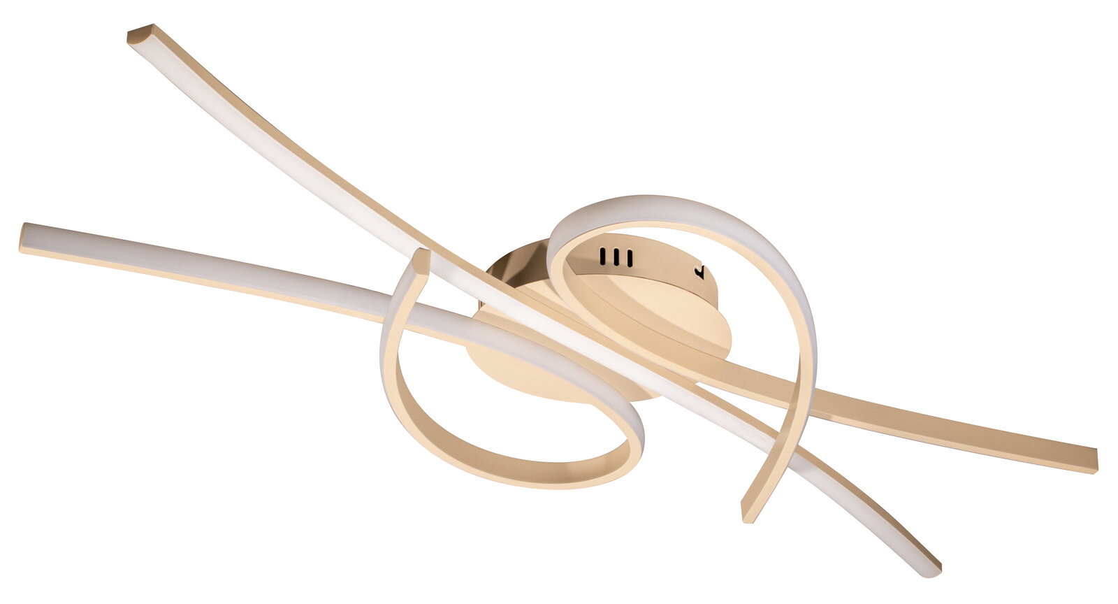 Moderne LED-Deckenleuchte in Beige/Champagner mit geschwungenen Lichtbändern und Ringelement, Ansicht schräg von unten vor weißem Hintergrund