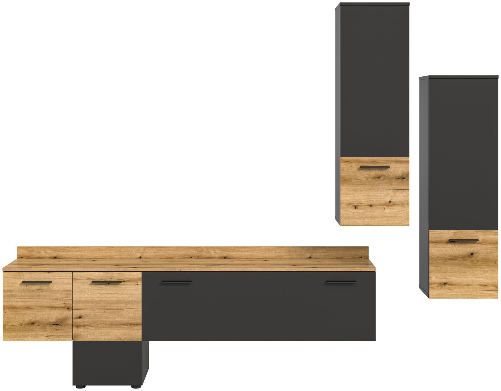 Moderne Wohnwand in Holzoptik und Schwarz, bestehend aus einem langen Lowboard und zwei hohen Hängeschränken, frontal abgebildet.