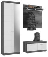 Garderoben-Set bestehend aus einem hohen Schrank mit Spiegel, einer Wandgarderobe mit Ablage und Haken, sowie einer niedrigen Kommode. Perspektive: Frontalansicht.