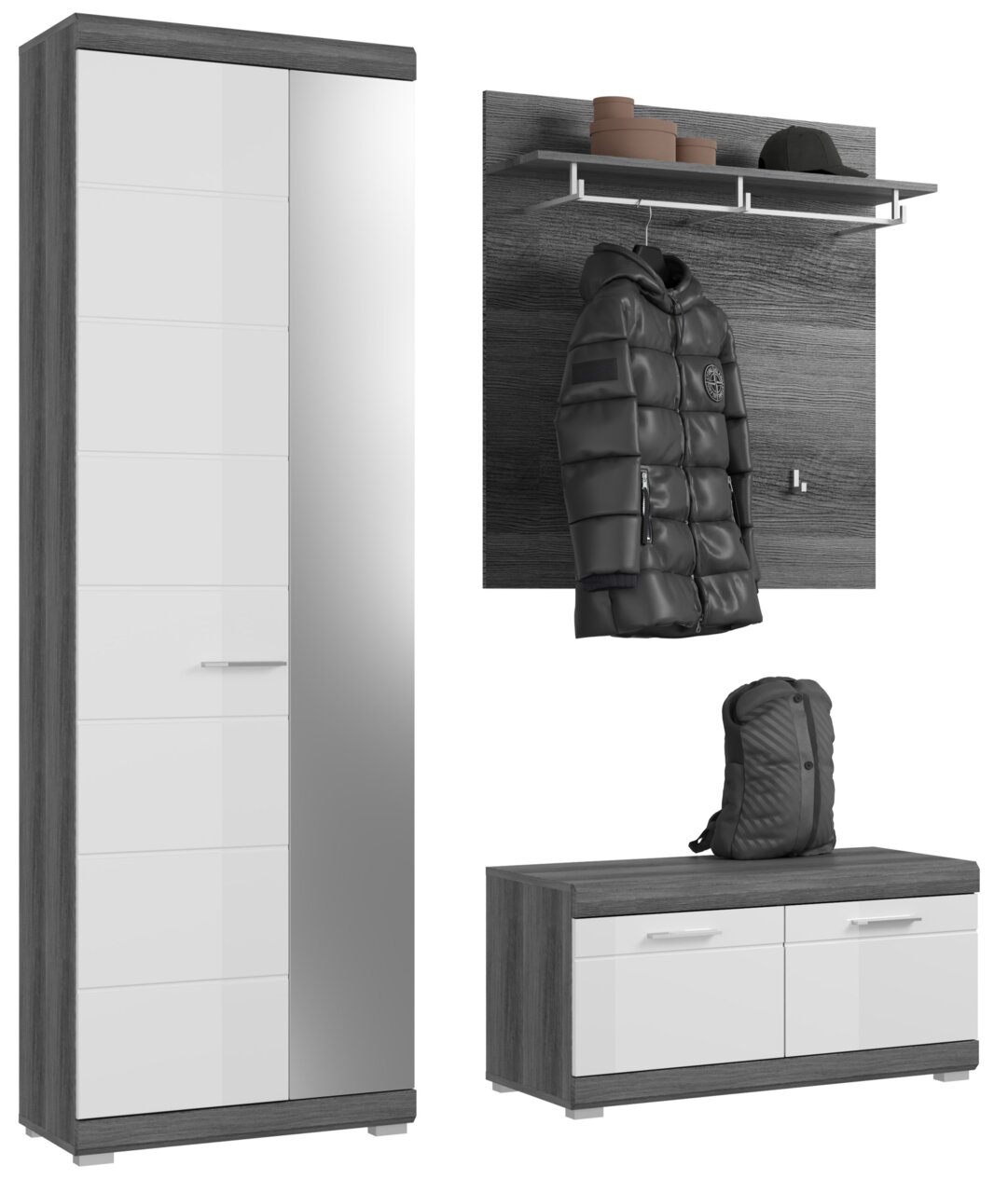Garderoben-Set bestehend aus einem hohen Schrank mit Spiegel, einer Wandgarderobe mit Ablage und Haken, sowie einer niedrigen Kommode. Perspektive: Frontalansicht.