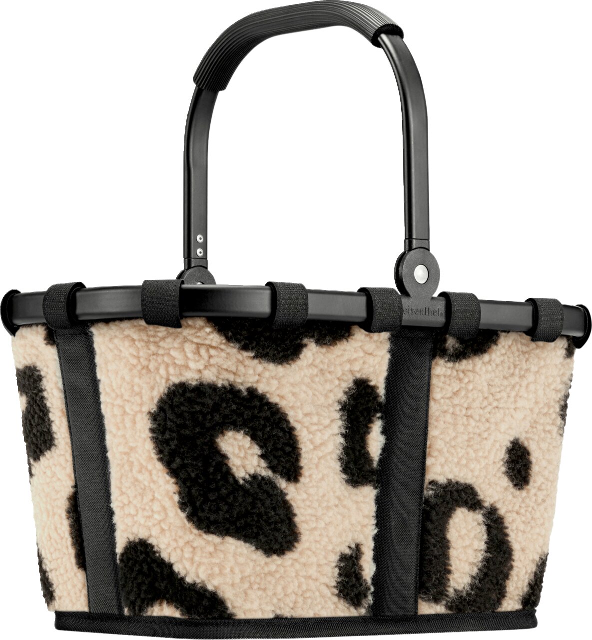 Beige-schwarze Tragetasche aus Teddyplüsch mit Leopardenmuster und schwarzen Tragegriffen, Frontansicht