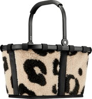 Beige-schwarze Tragetasche aus Teddyplüsch mit Leopardenmuster und schwarzen Tragegriffen, Frontansicht