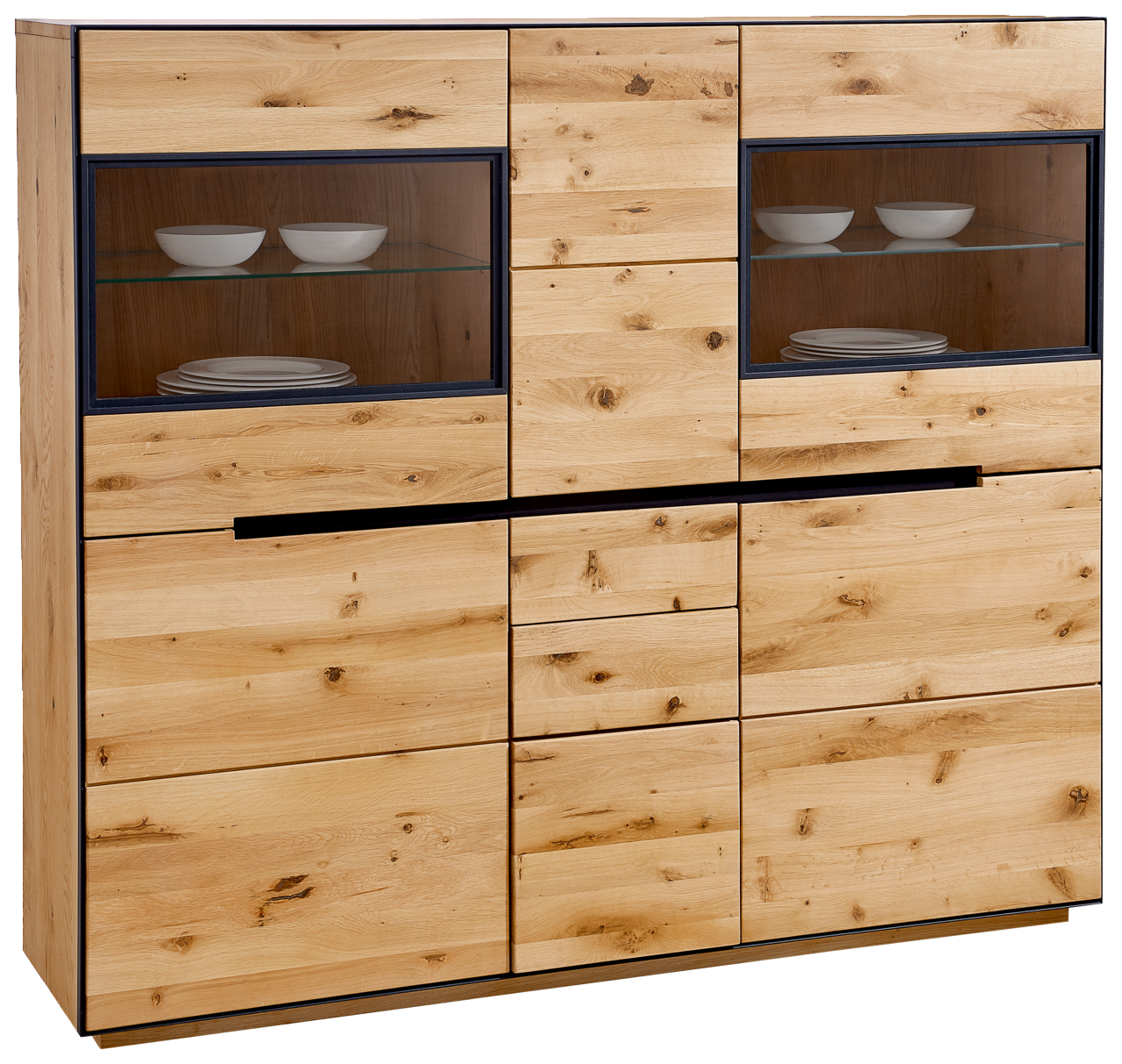 Linea Natura Highboard KELIO Frontansicht eines modernen Highboards aus Holz mit Glasvitrinen und Schubladen, Modell Linea Natura Highboard KELIO.