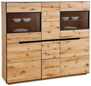 Frontansicht eines modernen Highboards aus Holz mit Glasvitrinen und Schubladen, Modell Linea Natura Highboard KELIO.