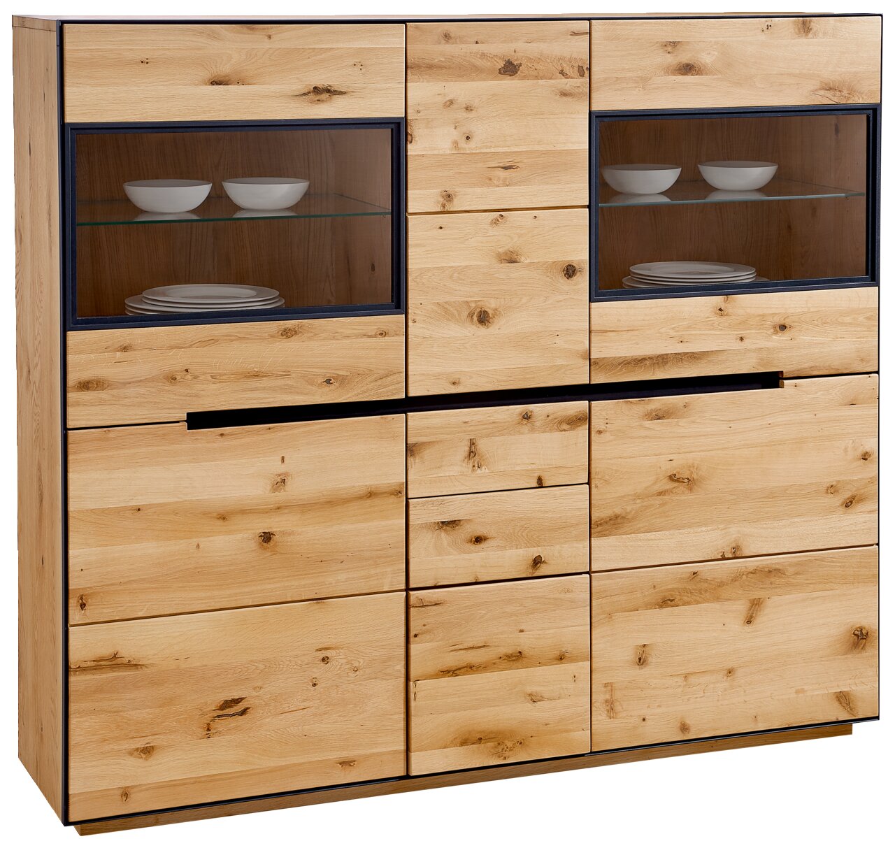 Frontansicht eines modernen Highboards aus Holz mit Glasvitrinen und Schubladen, Modell Linea Natura Highboard KELIO.