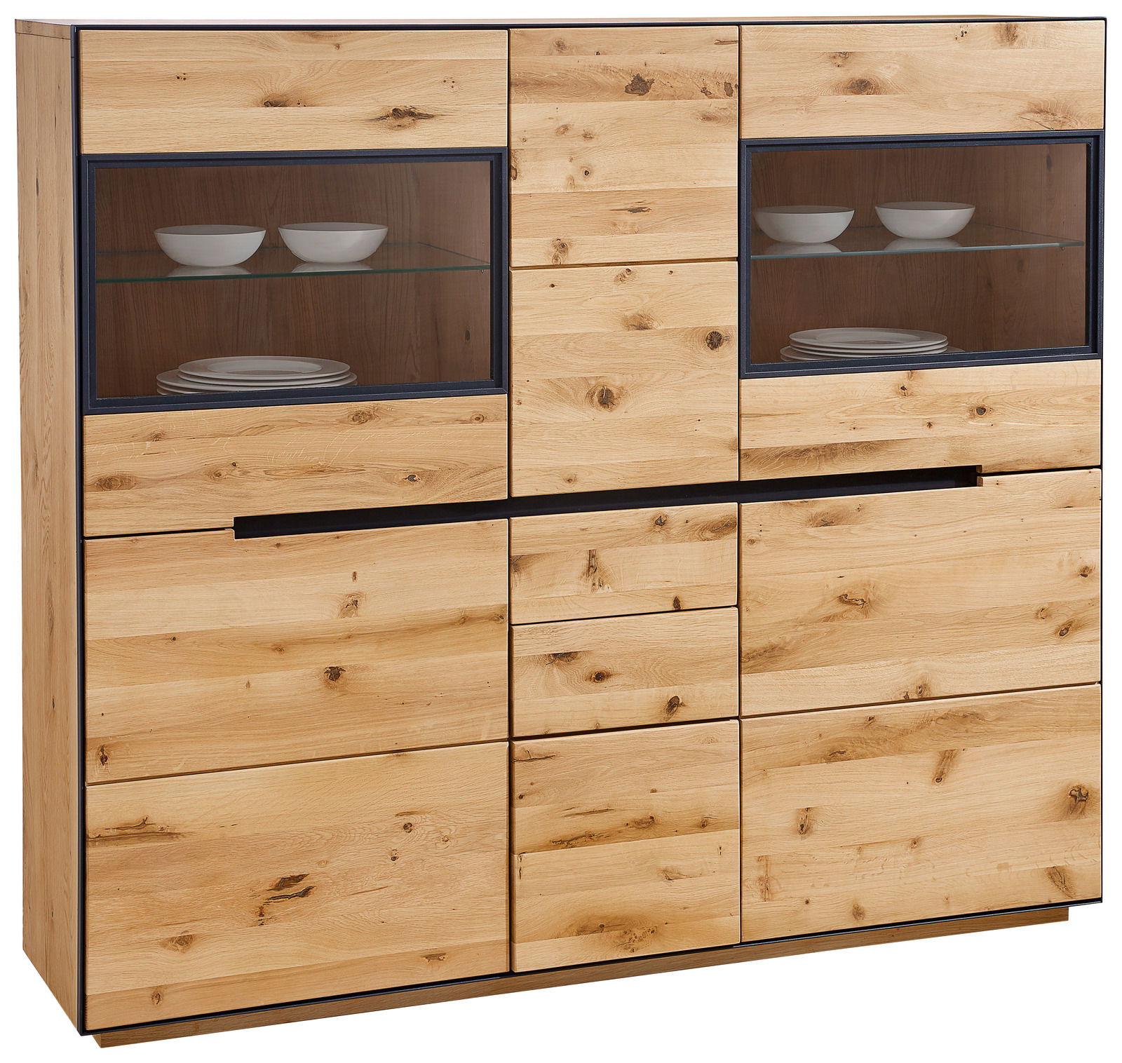 Frontansicht eines modernen Highboards aus Holz mit Glasvitrinen und Schubladen, Modell Linea Natura Highboard KELIO.