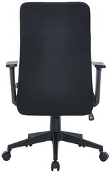 Schwarzer Drehstuhl von hinten mit Armlehnen und Rollen