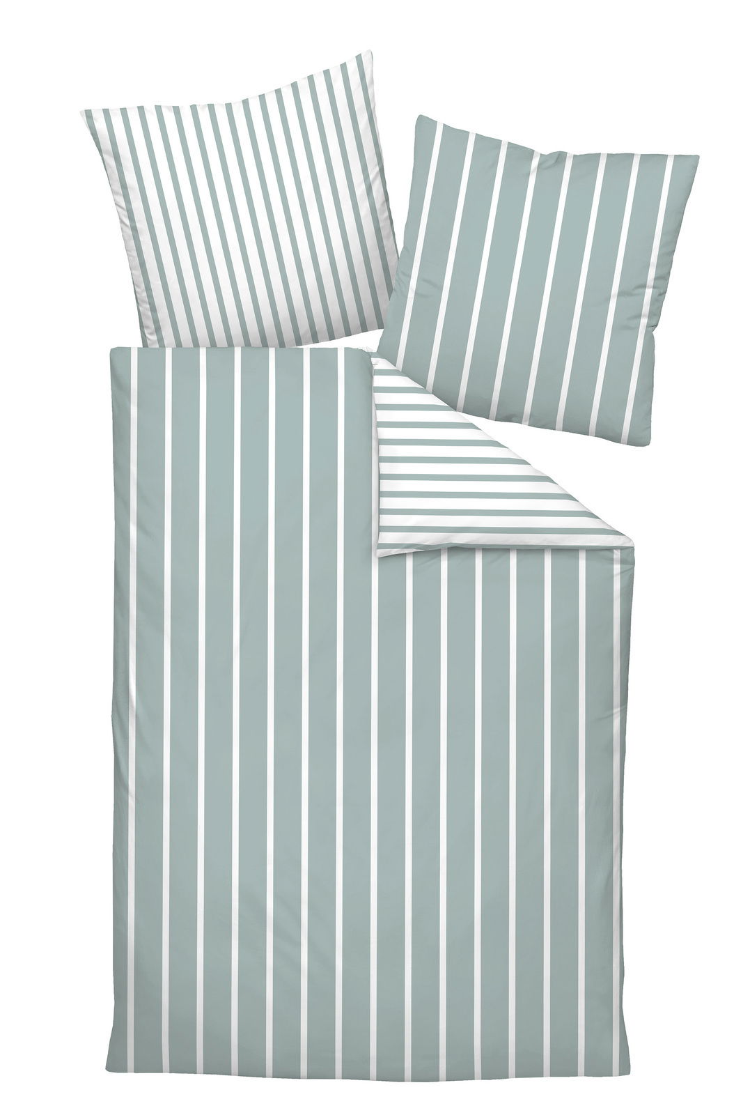 Janine Bettwäsche JERSEY-CLASSIC Bettwäsche-Set mit grauen und weißen Streifen, bestehend aus einem Bettbezug und zwei Kissenbezügen, aus der Vogelperspektive fotografiert.
