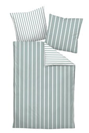 Bettwäsche-Set mit grauen und weißen Streifen, bestehend aus einem Bettbezug und zwei Kissenbezügen, aus der Vogelperspektive fotografiert.