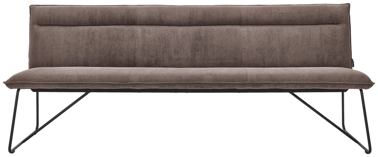 Braune Sitzbank mit Stoffbezug und Metallbeinen, Vorderansicht