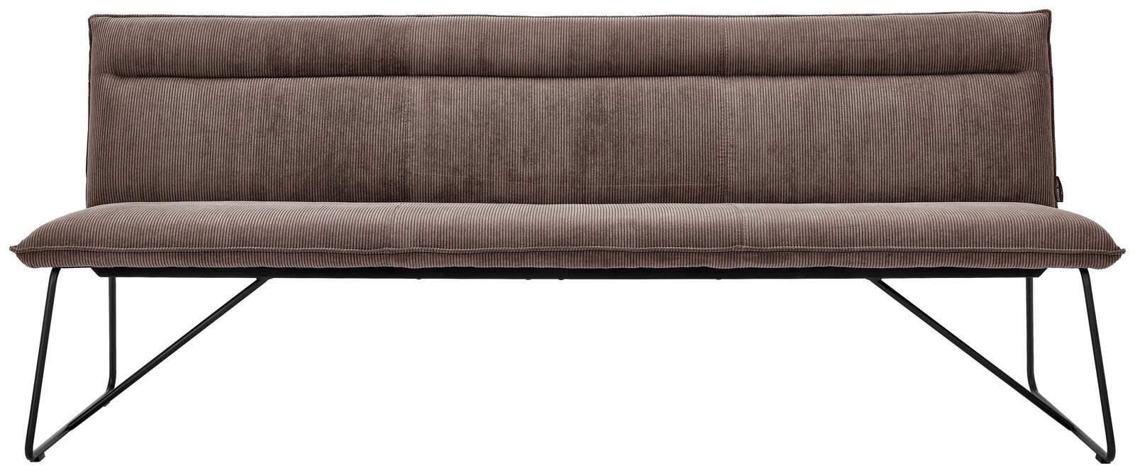 Braune Sitzbank mit Stoffbezug und Metallbeinen, Vorderansicht