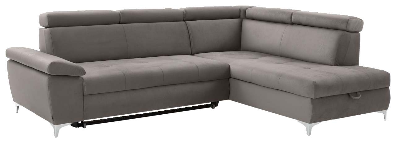Graues Ecksofa mit verstellbaren Kopfstützen, Ansicht von vorne links.