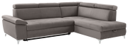 Graues Ecksofa mit verstellbaren Kopfstützen, Ansicht von vorne links.