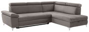 Graues Ecksofa mit verstellbaren Kopfstützen, Ansicht von vorne links.
