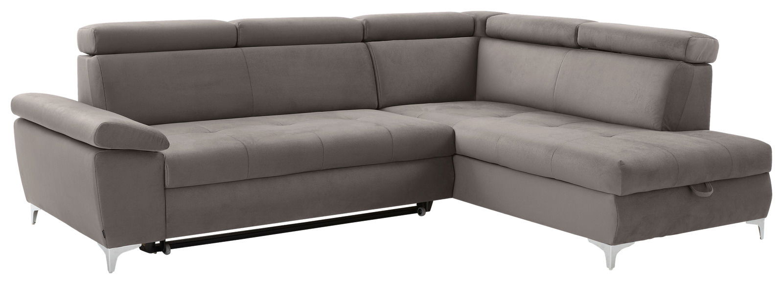 Graues Ecksofa mit verstellbaren Kopfstützen, Ansicht von vorne links.