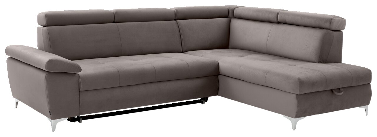 Graues Ecksofa mit verstellbaren Kopfstützen, Ansicht von vorne links.