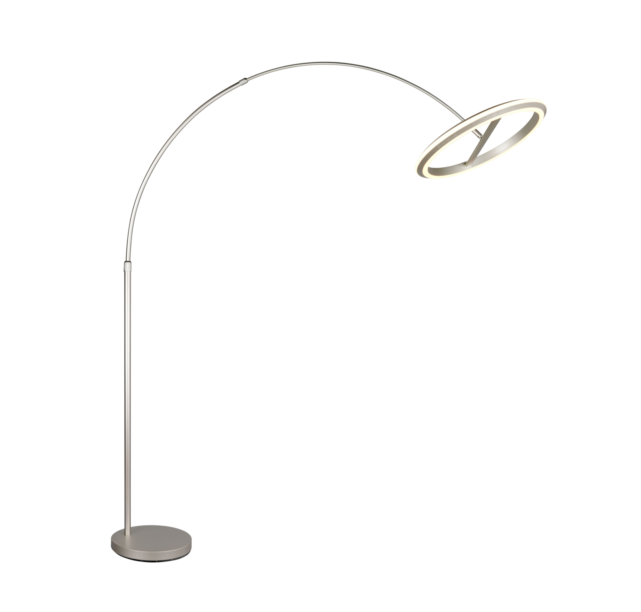 Moderne LED-Bogenleuchte in seitlicher Perspektive mit rundem Sockel und elegant geschwungenem Arm.