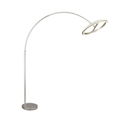 Moderne LED-Bogenleuchte in seitlicher Perspektive mit rundem Sockel und elegant geschwungenem Arm.