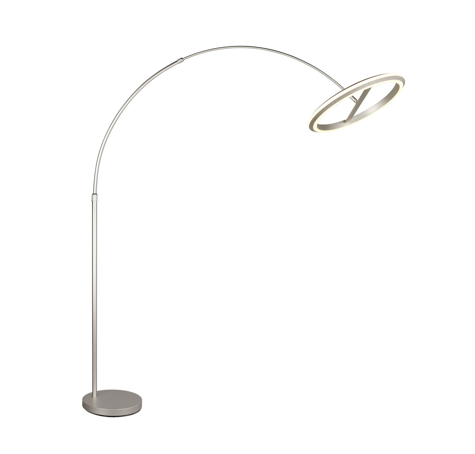 Moderne LED-Bogenleuchte in seitlicher Perspektive mit rundem Sockel und elegant geschwungenem Arm.
