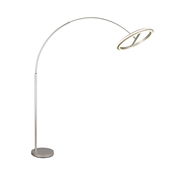 Moderne LED-Bogenleuchte in seitlicher Perspektive mit rundem Sockel und elegant geschwungenem Arm.