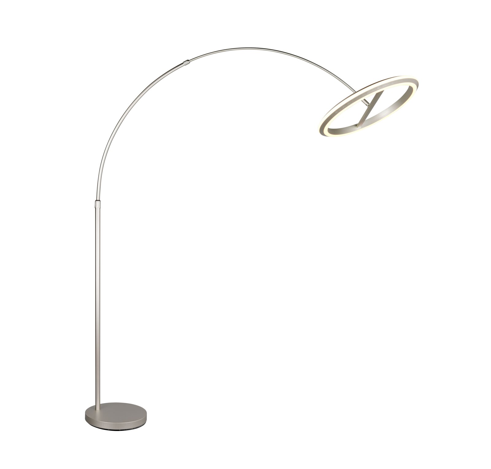 Moderne LED-booglamp in zijaanzicht, met een ronde voet en een elegant gebogen arm.