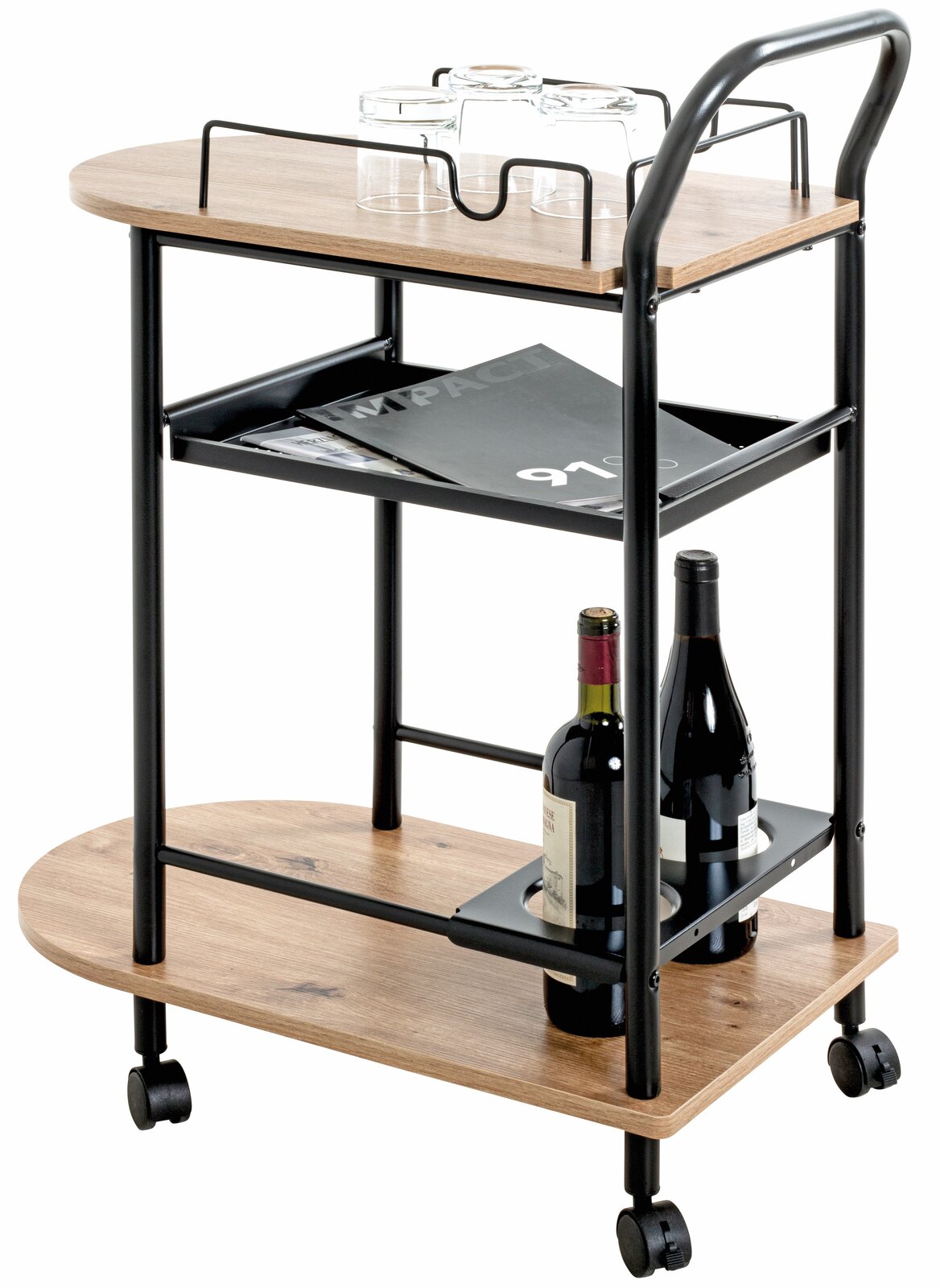 Küchenwagen auf Rollen mit Holzoberflächen und schwarzem Metallrahmen, seitliche Perspektive