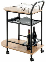 Küchenwagen auf Rollen mit Holzoberflächen und schwarzem Metallrahmen, seitliche Perspektive