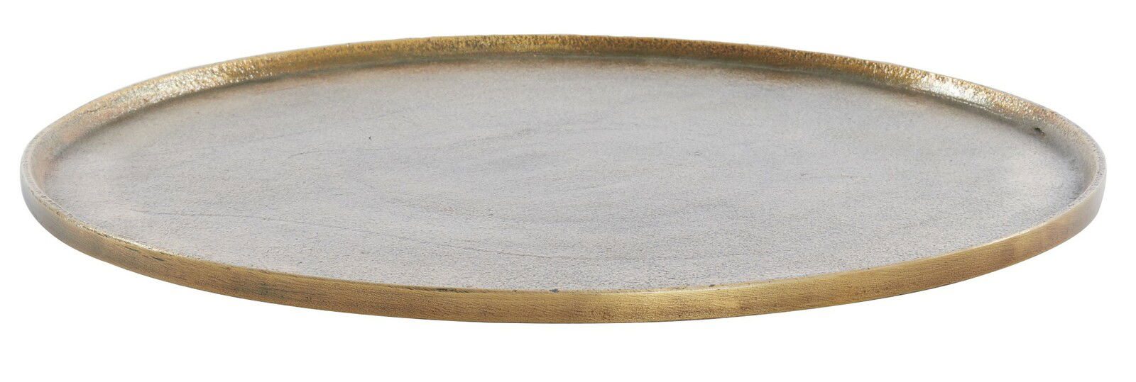 Runde, flache Schale mit antikem Finish, seitliche Perspektive