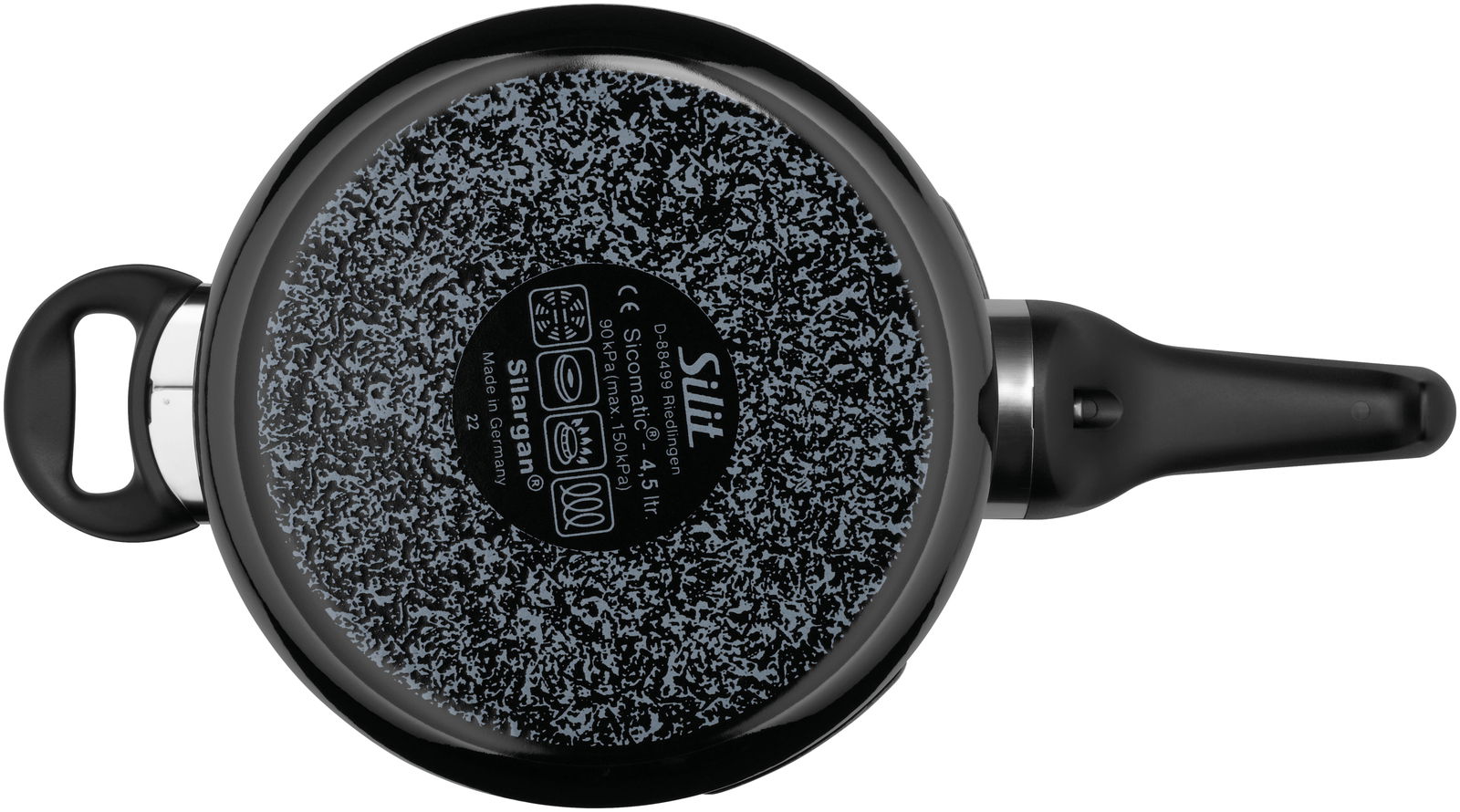 Draufsicht auf einen Sicomatic t-Plus Schnellkochtopf mit 4,5 Litern Fassungsvermögen, schwarzer Griff und Boden mit Silargan-Beschichtung.