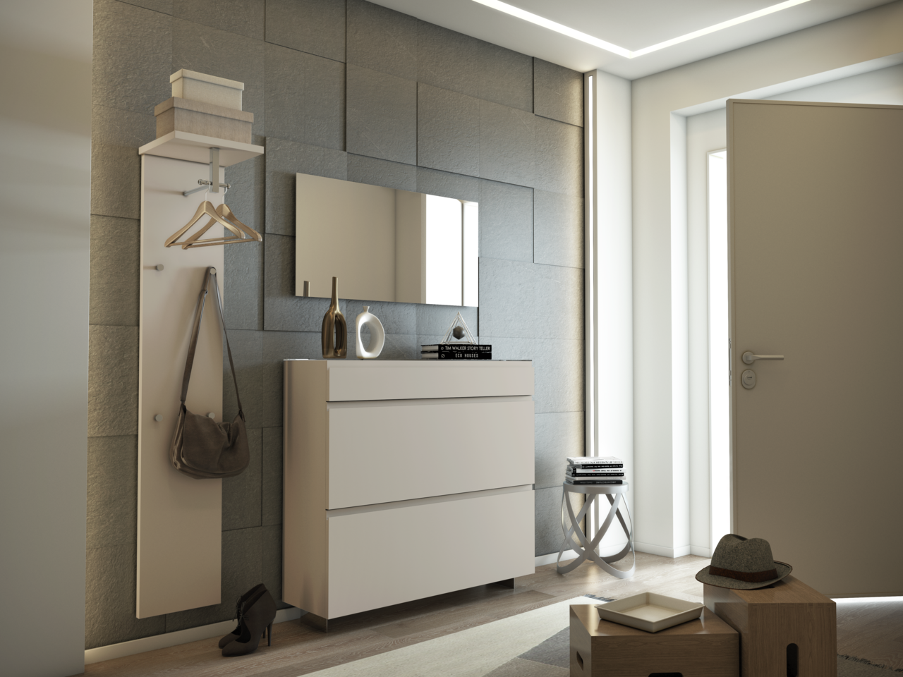 Moderano Garderobepaneel LECCO Moderner Eingangsbereich mit Garderobenpaneel, Schuhschrank und Spiegel, seitliche Perspektive