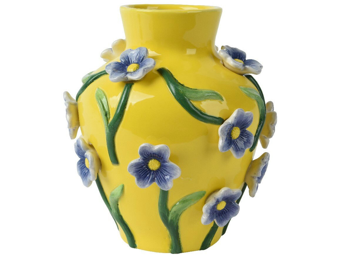 Gelbe Vase mit blauen Blumenapplikationen, seitliche Perspektive