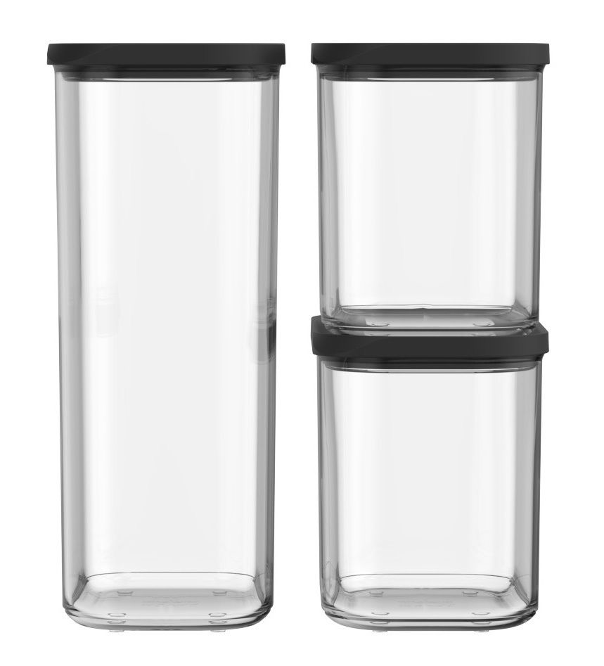 Dreiteiliges Modula Starter-Set mit schwarzen Deckeln, bestehend aus einem hohen und zwei kleineren, stapelbaren Behältern, frontal abgebildet.