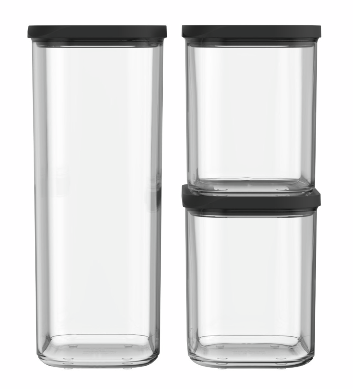 Dreiteiliges Modula Starter-Set mit schwarzen Deckeln, bestehend aus einem hohen und zwei kleineren, stapelbaren Behältern, frontal abgebildet.