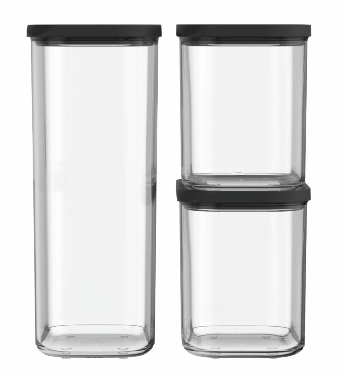 Dreiteiliges Modula Starter-Set mit schwarzen Deckeln, bestehend aus einem hohen und zwei kleineren, stapelbaren Behältern, frontal abgebildet.