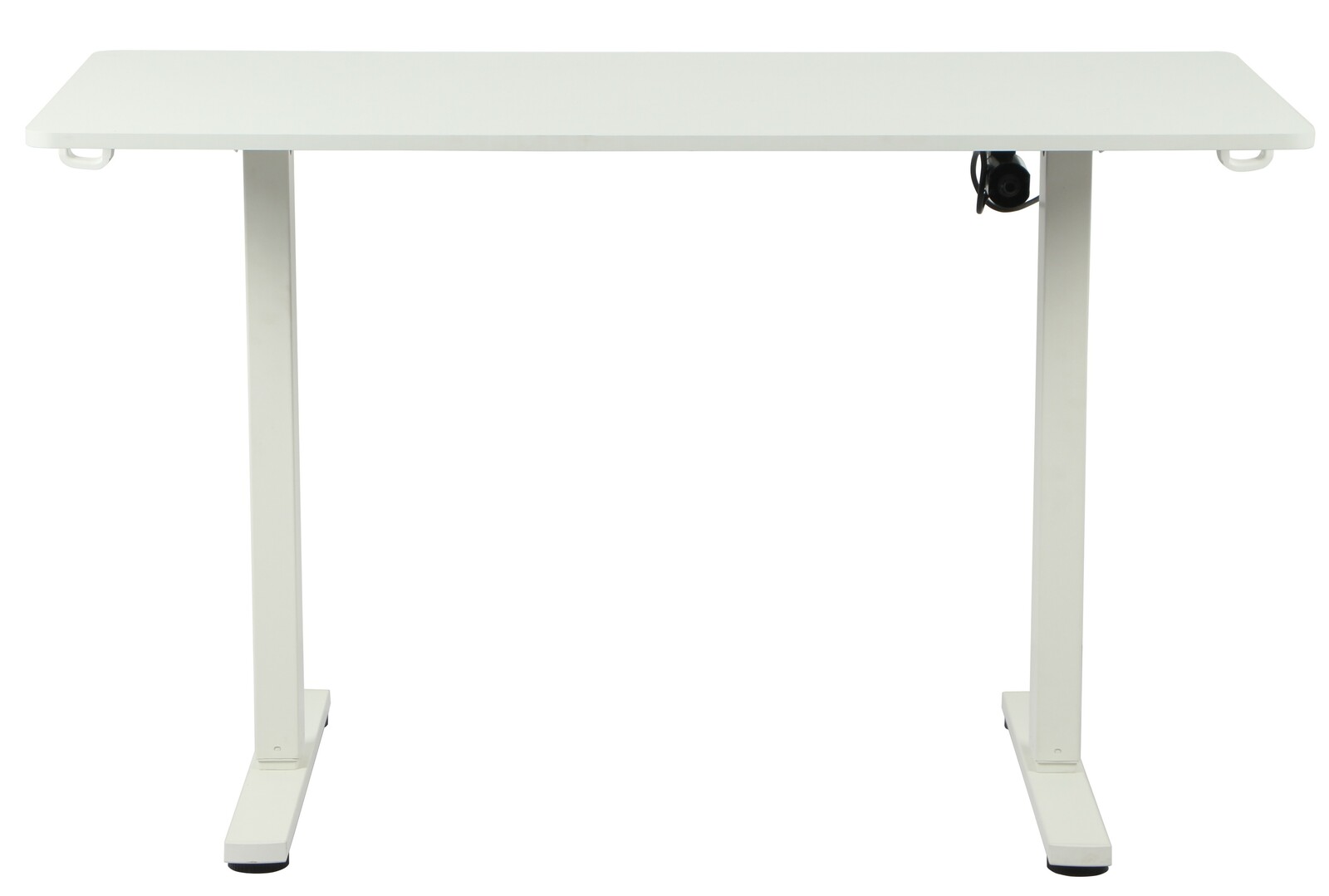 Weißer E-Schreibtisch mit zwei T-Füßen, frontal betrachtet
