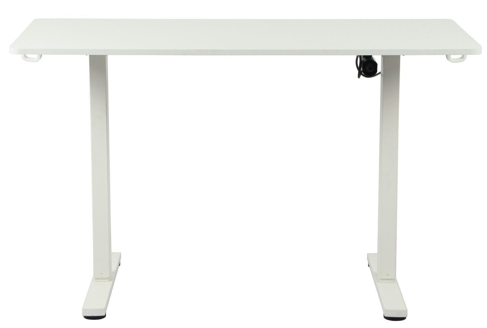 Weißer E-Schreibtisch mit zwei T-Füßen, frontal betrachtet