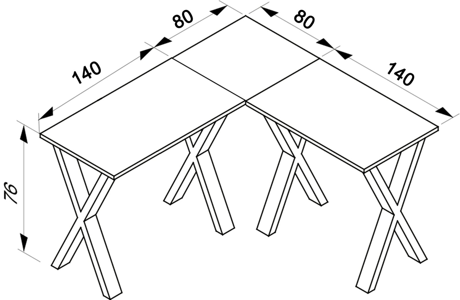 Isometrische Ansicht einer L-förmigen Eckschreibtisch-Kombination mit zwei Tischplatten und X-förmigen Böcken, technische Zeichnung mit Maßangaben (Höhe 76 cm, Schenkellängen 140 cm, Tiefe 80 cm).