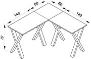 Isometrische Ansicht einer L-förmigen Eckschreibtisch-Kombination mit zwei Tischplatten und X-förmigen Böcken, technische Zeichnung mit Maßangaben (Höhe 76 cm, Schenkellängen 140 cm, Tiefe 80 cm).