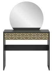 Schminktisch mit rundem Spiegel und geometrisch gemusterter Schublade, Frontalansicht