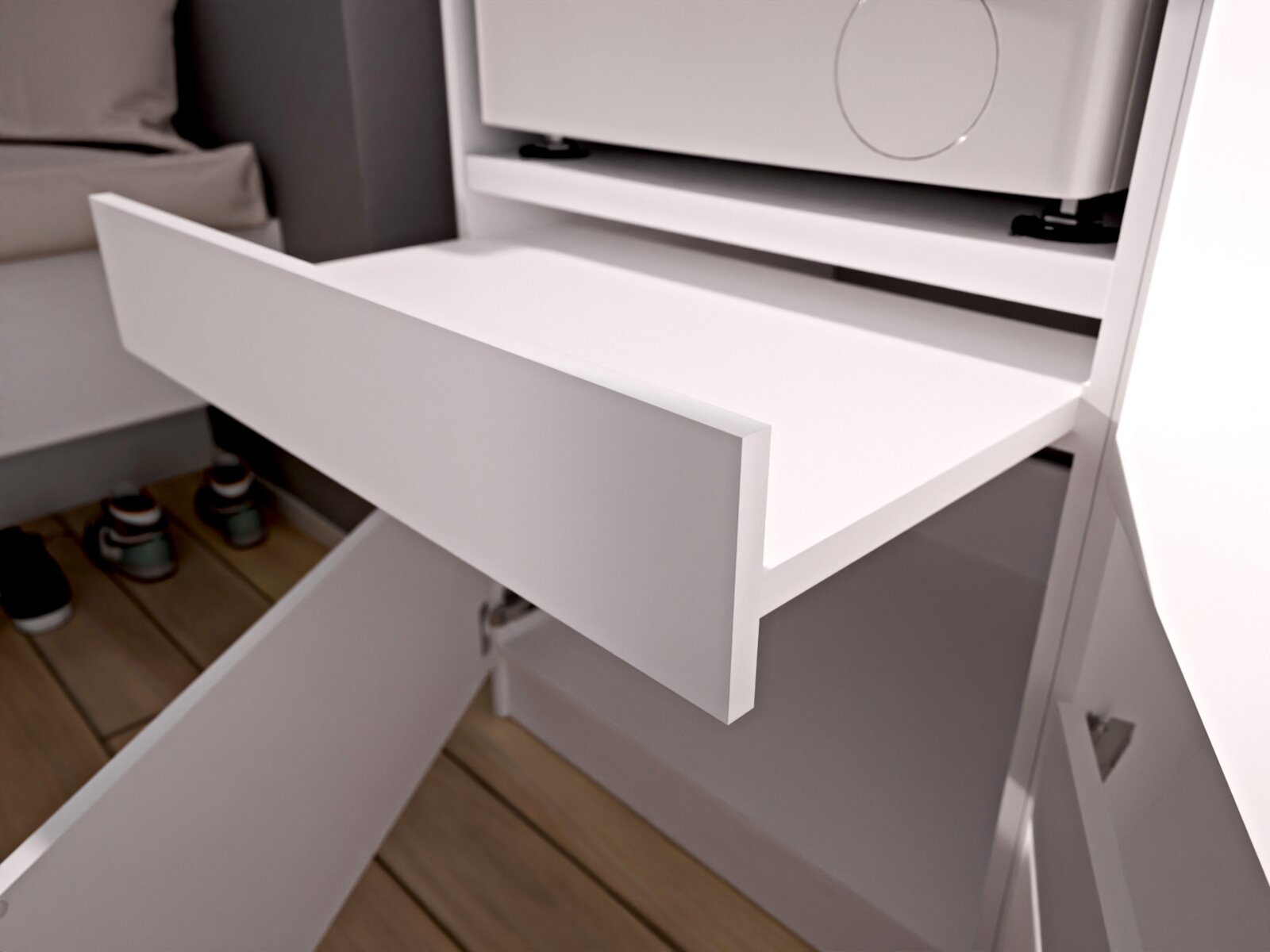 Nahaufnahme einer weißen Schublade in einem modernen Schrank, leicht schräg von vorne/oben fotografiert, Schublade geöffnet und Innenraum sichtbar